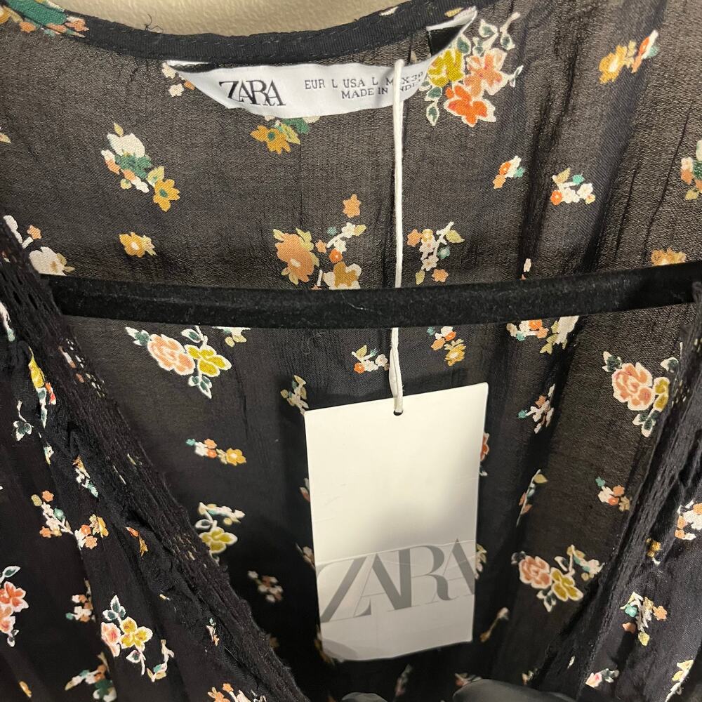 NWT Zara Floral Peasant Midi Dress Long Sleeves Size L Black - Picture 8 of 11